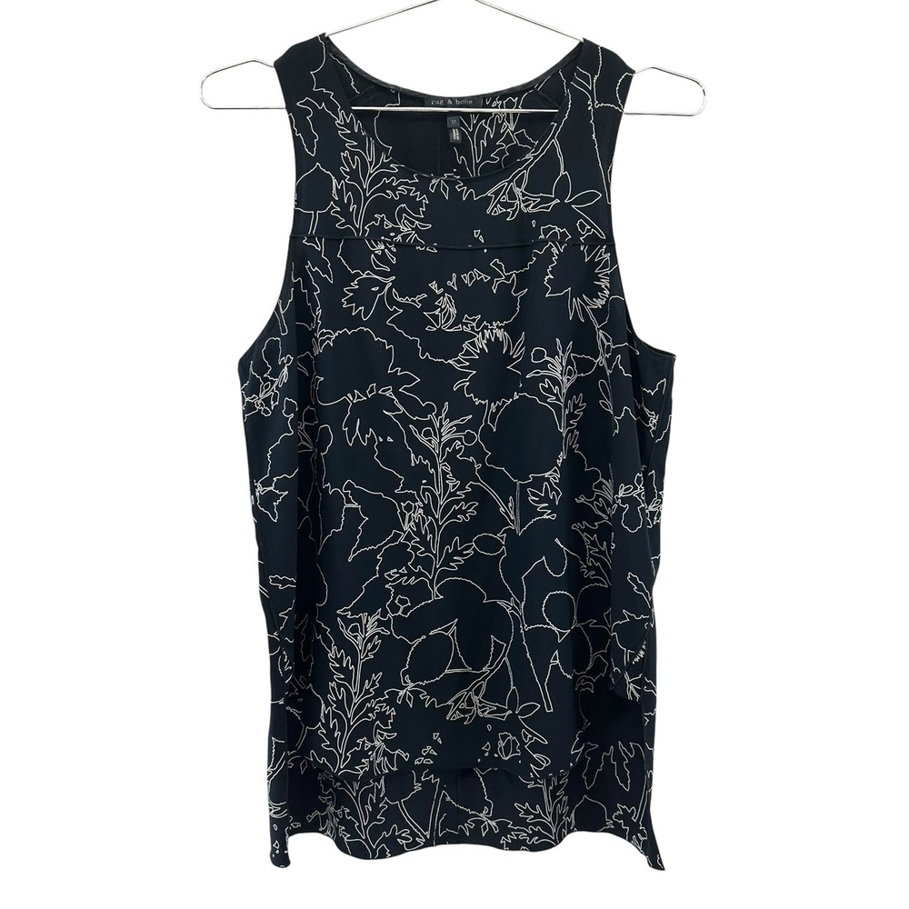 RAG & BONE 100% Silk Floral Tank Blouse • Medium • black cream • edgy chic